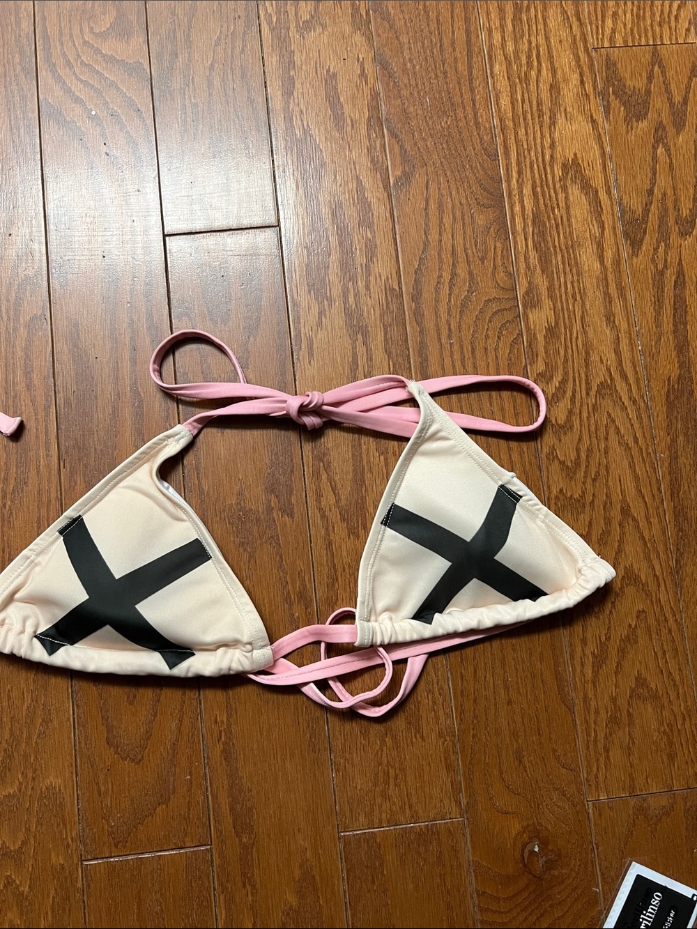 Pink Tie-Back Triangle Bikini Top with Black Cross Detail